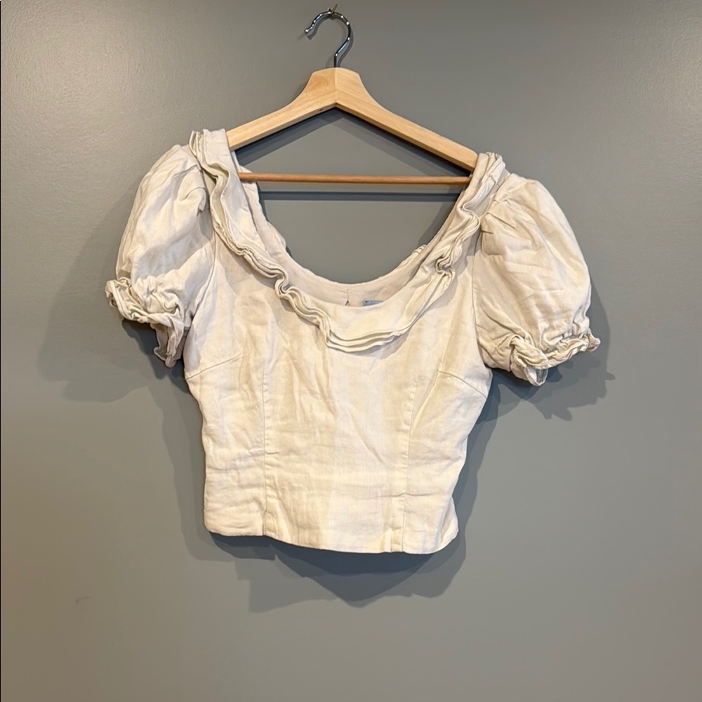 ANTONIO MELANI Cream Puff Sleeve Linen Blend Crop Top